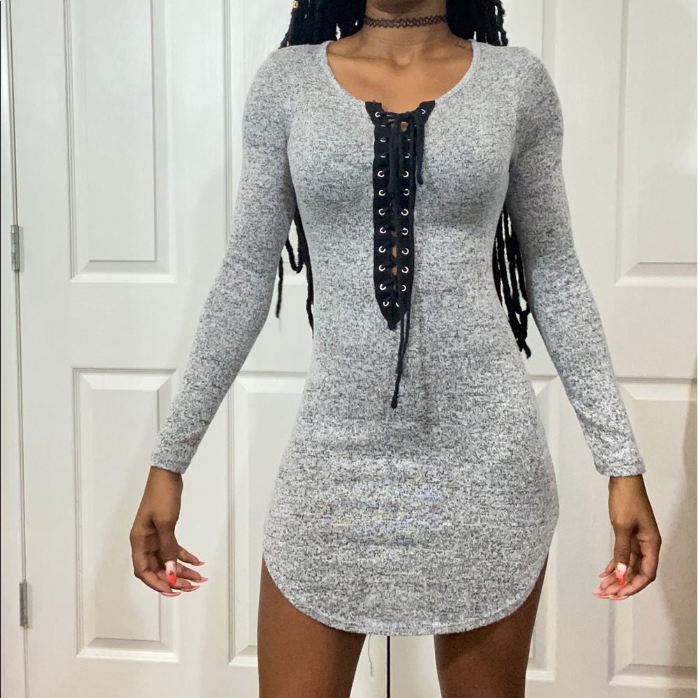 Grey Lace Up Front Dress
